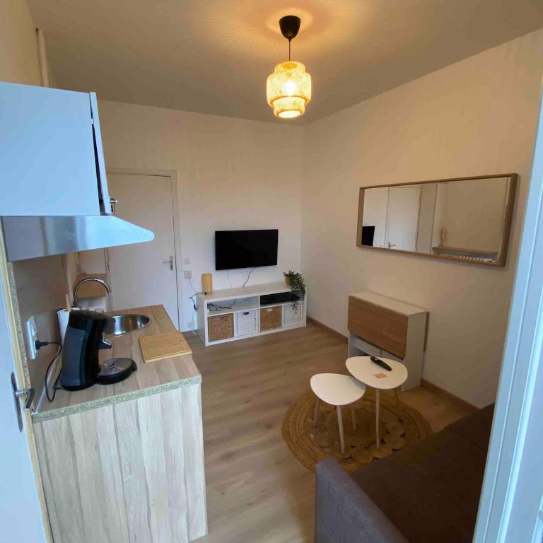 un salon avec un canapé, une table et une télévision dans l'établissement Studio équipé proche Thermes Royat, à Chamalières