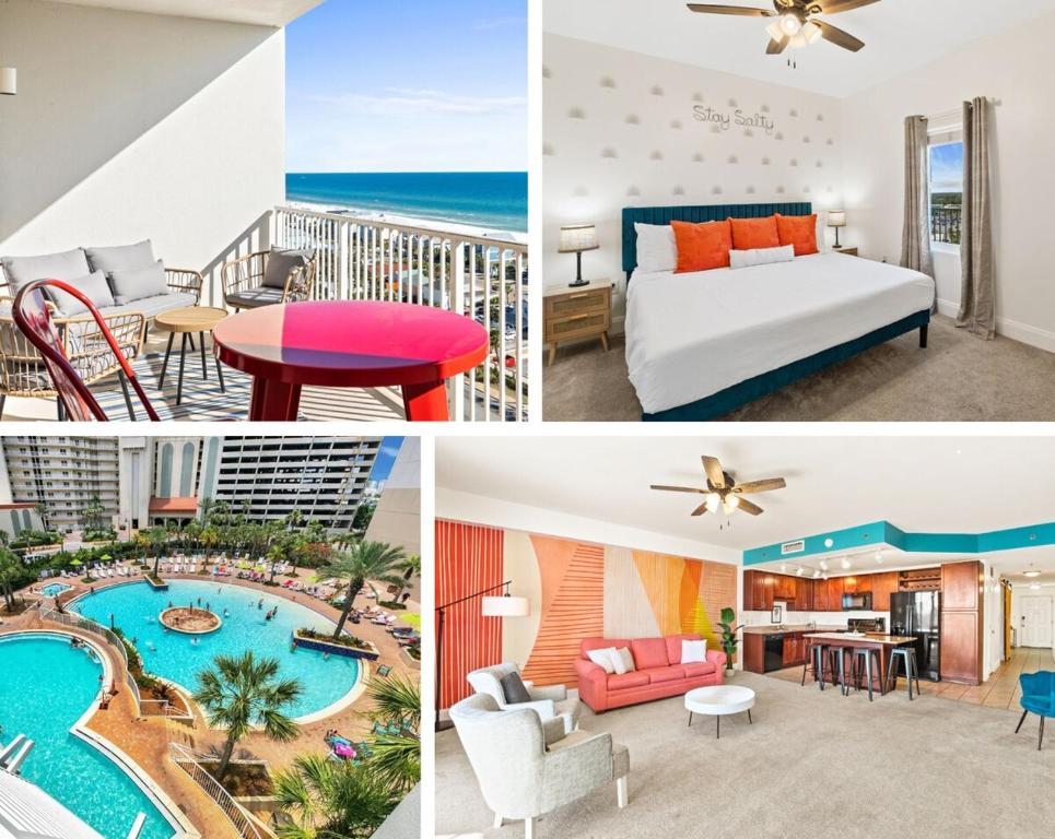 a collage of photos of a hotel room and a resort at BeachFrnt 2 Hottub 5 Pools Jet Ski in Panama City Beach