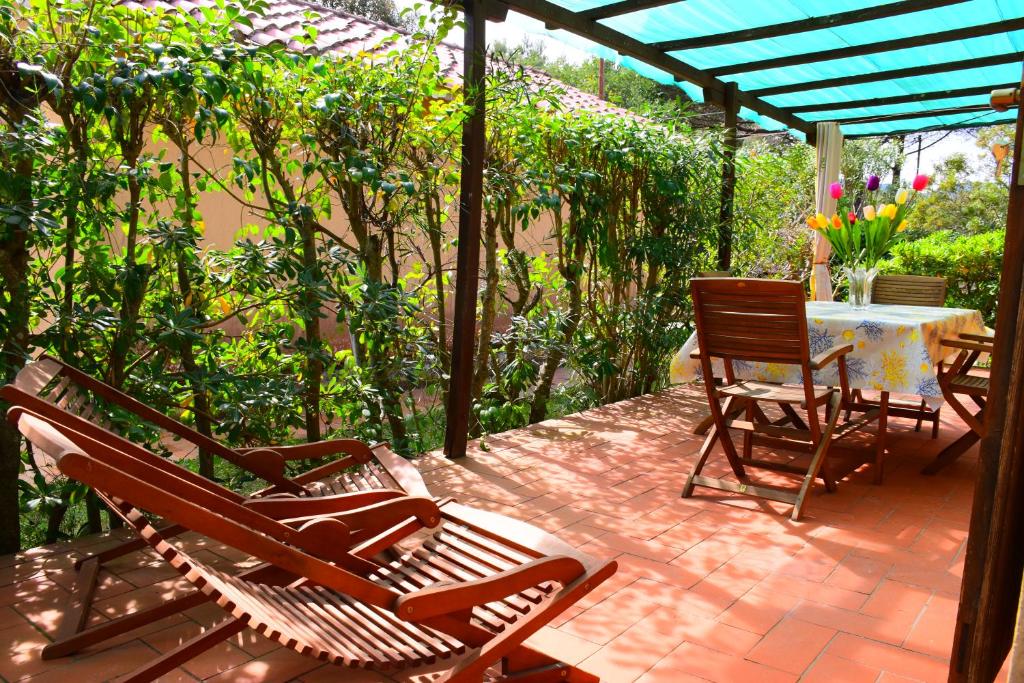 a patio with chairs and a table and a table and chairs at Lacona in Lacona