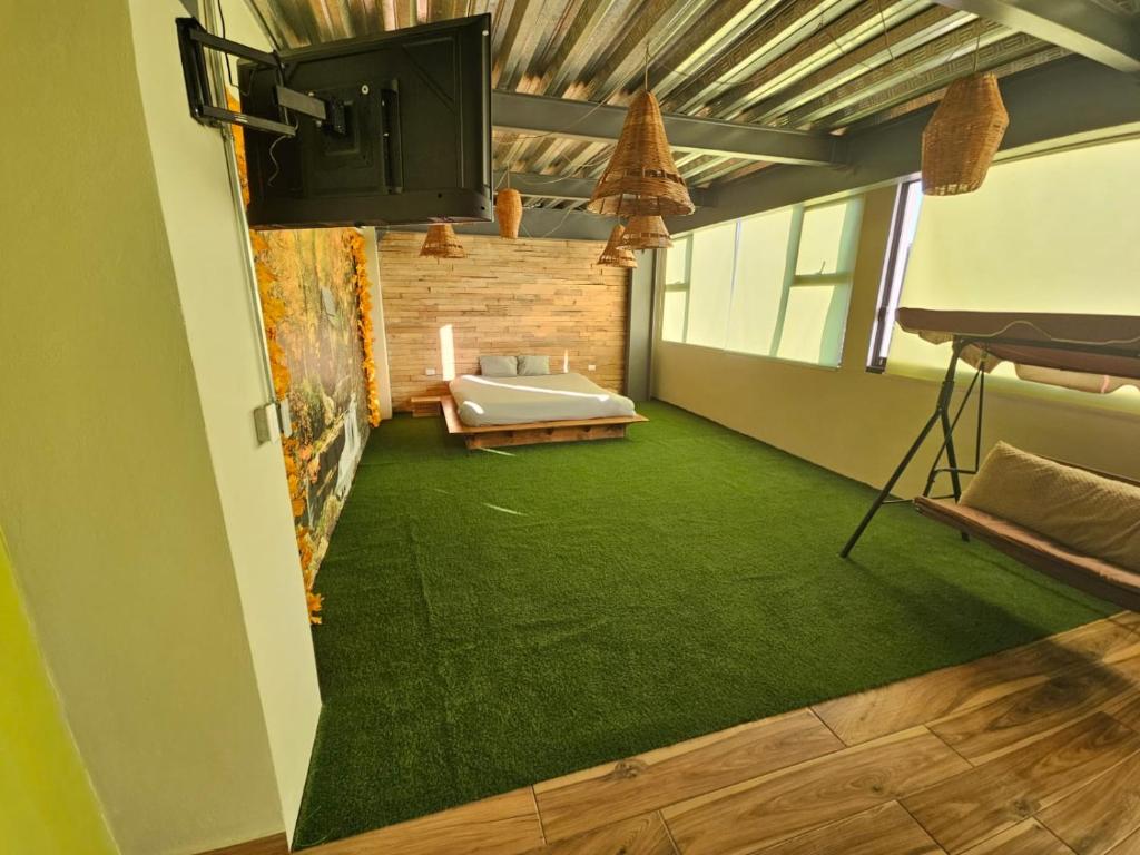 a living room with green carpet and a tv at Camping con jacuzzi en la ciudad in San Baltasar