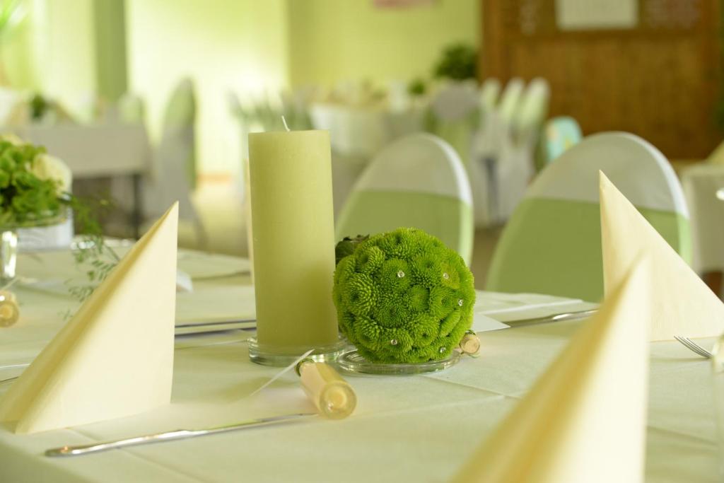eine grüne Blume auf einem Tisch mit einer Kerze in der Unterkunft Pension Zum Hirsch in Göda