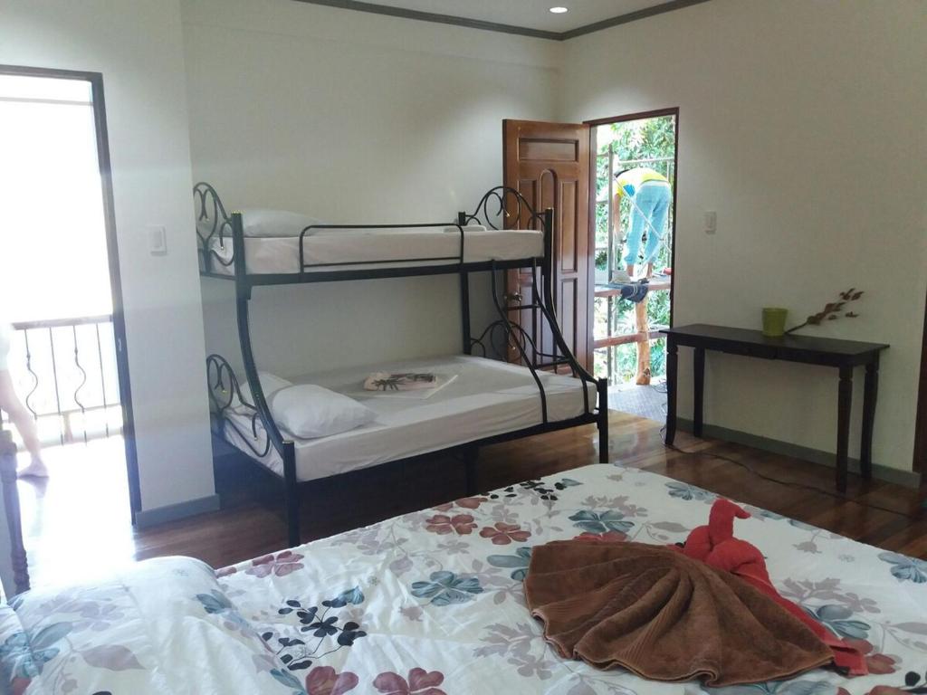 a bedroom with bunk beds with a teddy bear on the bed at Puerto Galera Hilltop Guesthouse -Tropical Retreat in Puerto Galera