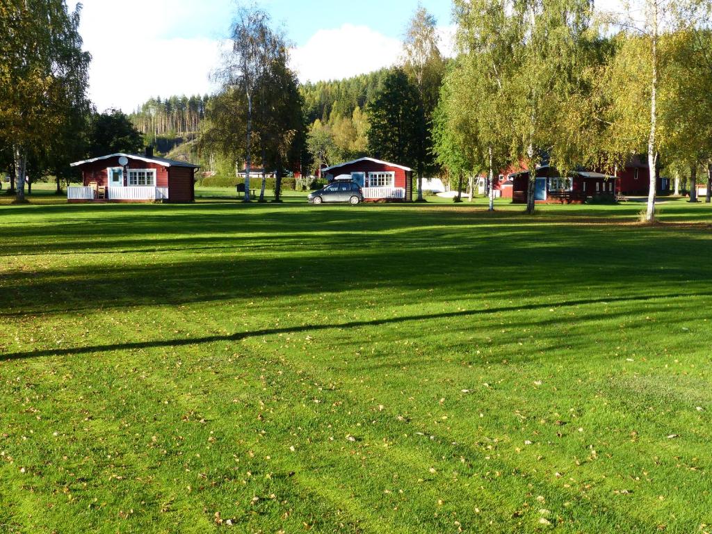 un champ d'herbe verte planté d'arbres et de bâtiments dans l'établissement Björkebo Camping, à Stöllet