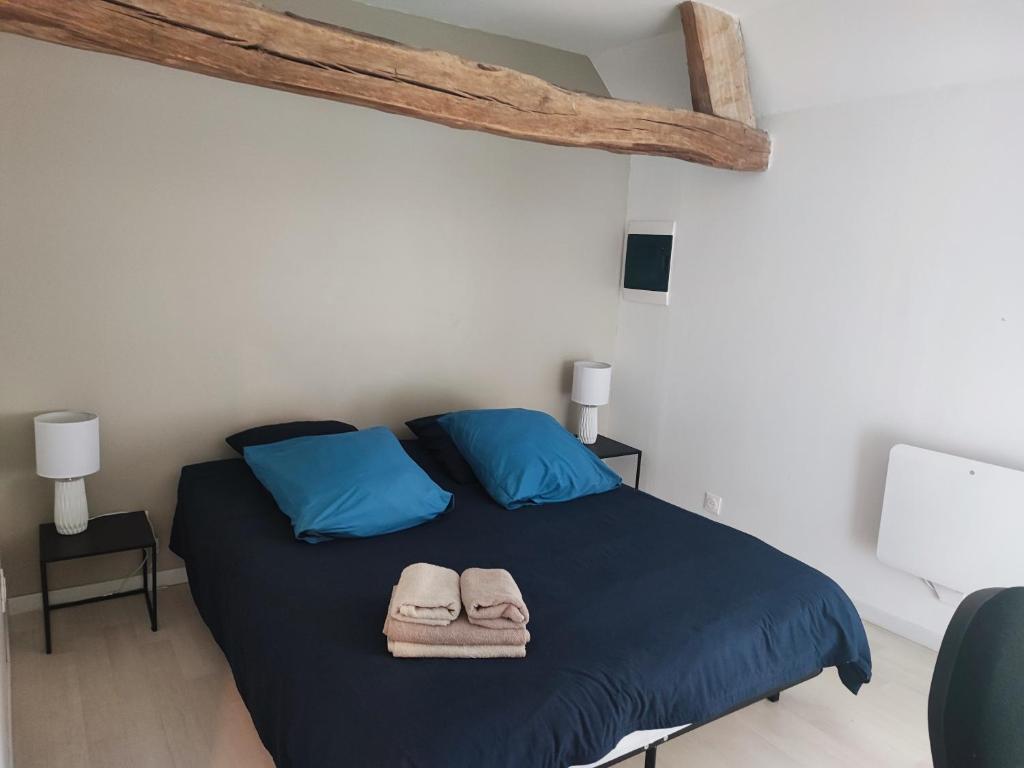 a bedroom with a bed with blue pillows and two towels at Quiétude Vexinoise in Boury-en-Vexin