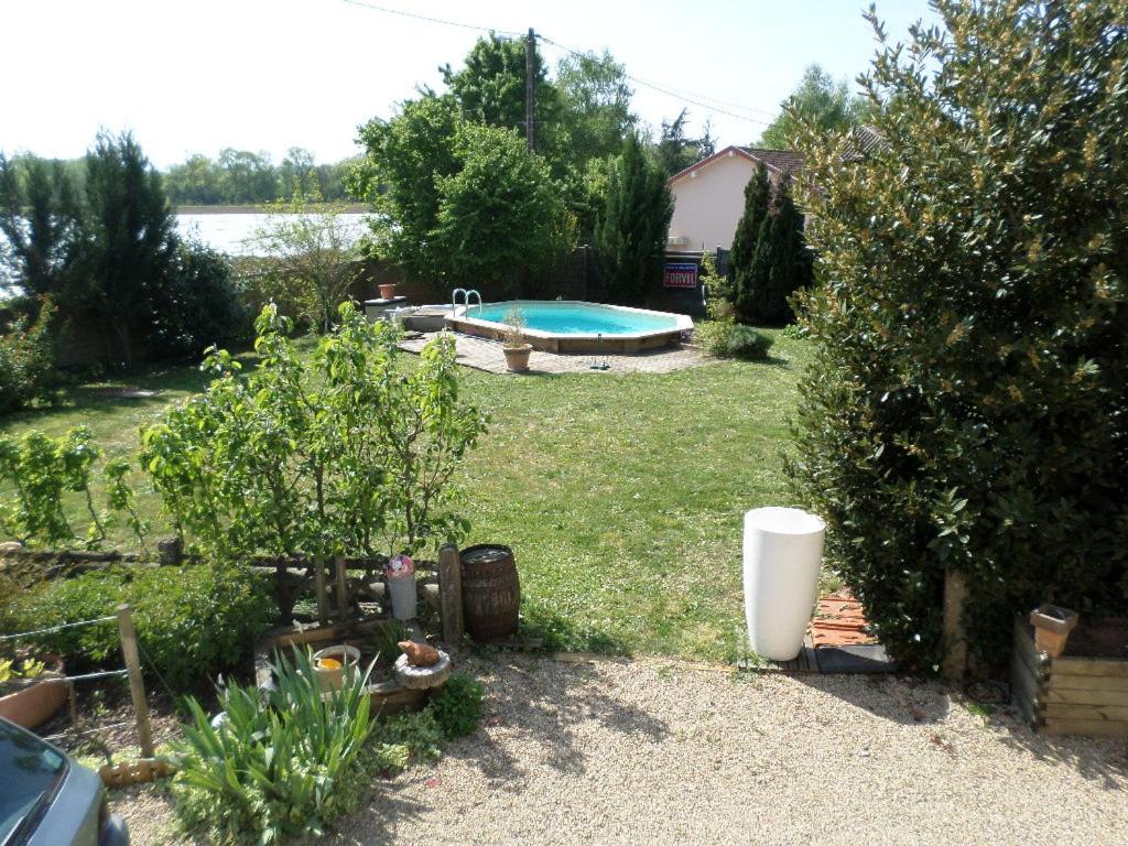 a backyard with a swimming pool and some plants at Maison patio et piscine in Feillens