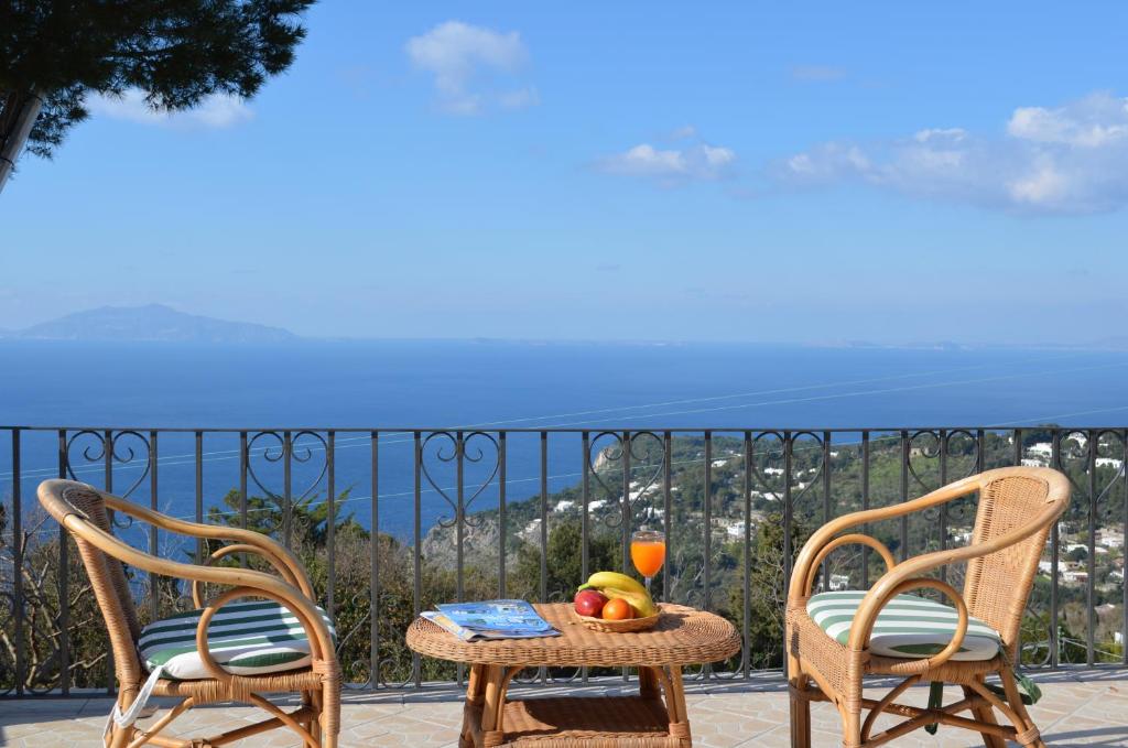 阿納卡普里的住宿－Le Ginestre di Capri BB & Holiday House，两把椅子和一张桌子,上面放着一碗水果和一杯