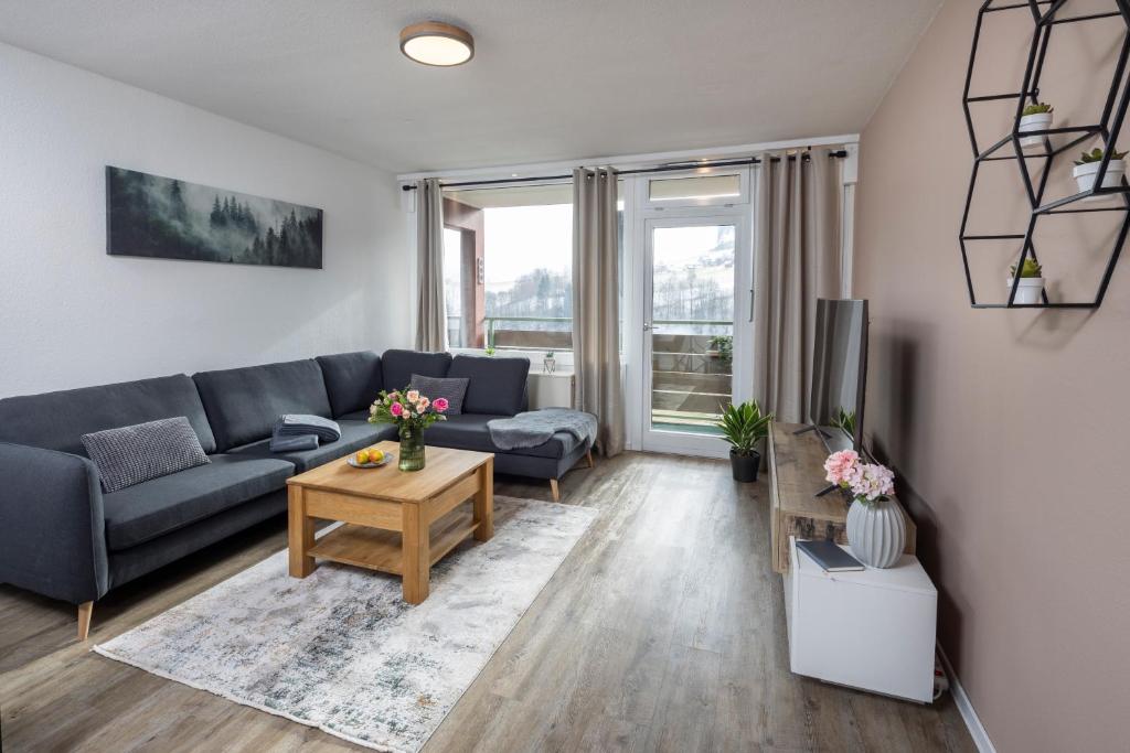 a living room with a couch and a tv at Ferienwohnung Wipfelglück in Baiersbronn