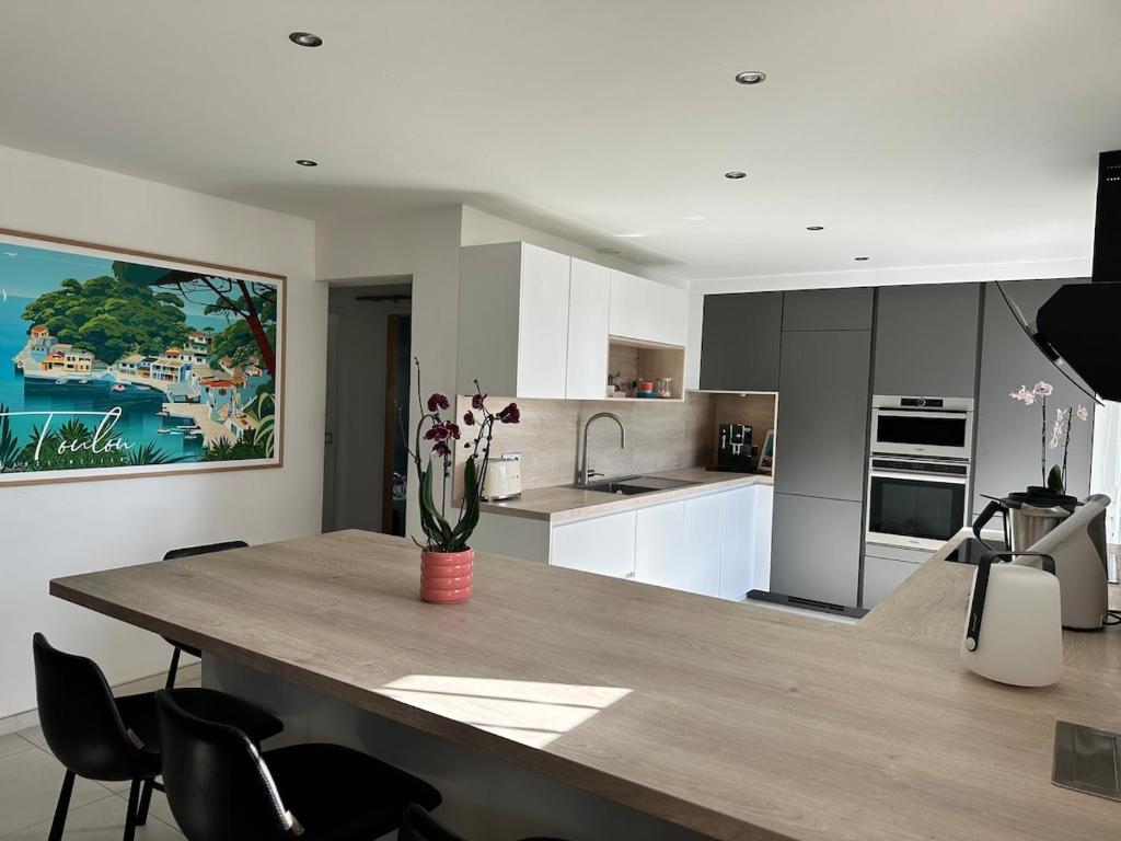 une cuisine avec une grande table et des chaises en bois dans l'établissement Superbe villa avec piscine, à Toulon