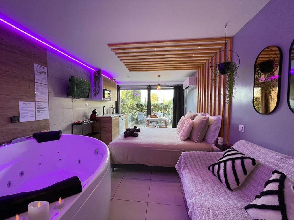 Cette grande chambre comprend un lit et une baignoire. dans l'établissement Studio Cosy SPA Balneo et terrasse, au Cap d'Agde