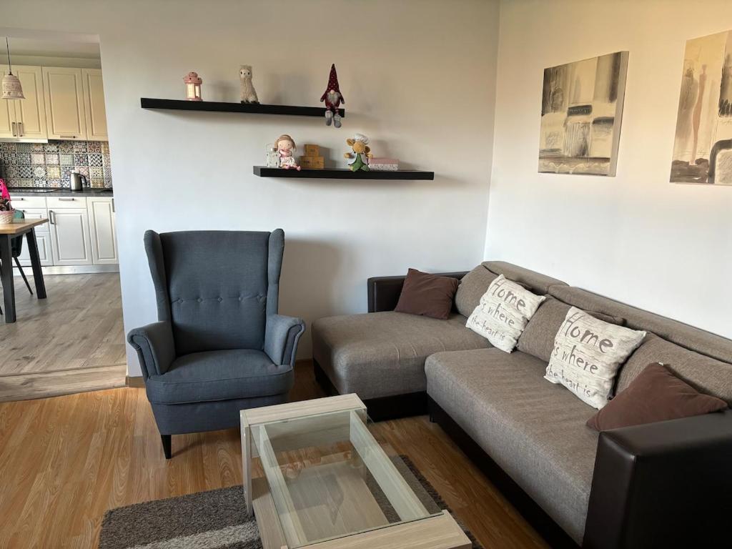 a living room with a couch and a chair at Village house & Micro Winery in Sîntioana de Mureş