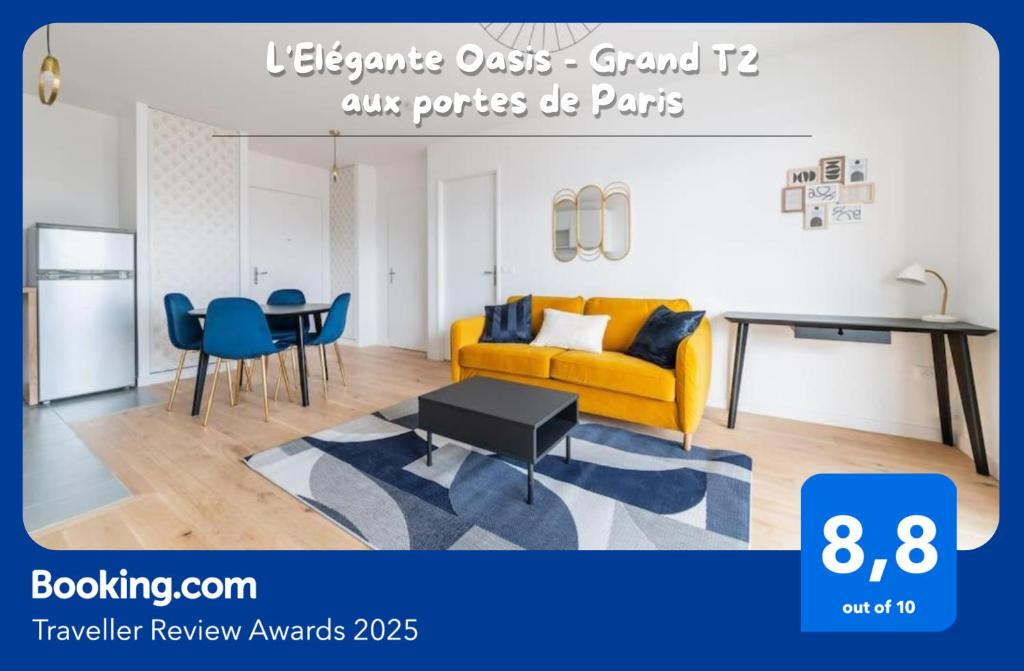 un salon avec un canapé jaune et une table dans l'établissement L'Elégante Oasis - grand T2 aux portes de Paris, à Saint-Ouen