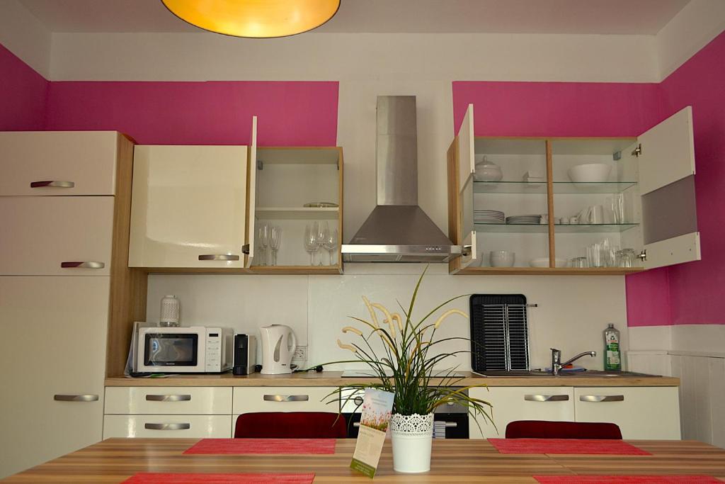 a kitchen with white cabinets and a table with a microwave at Ferienwohnungen Halbturn in Halbturn