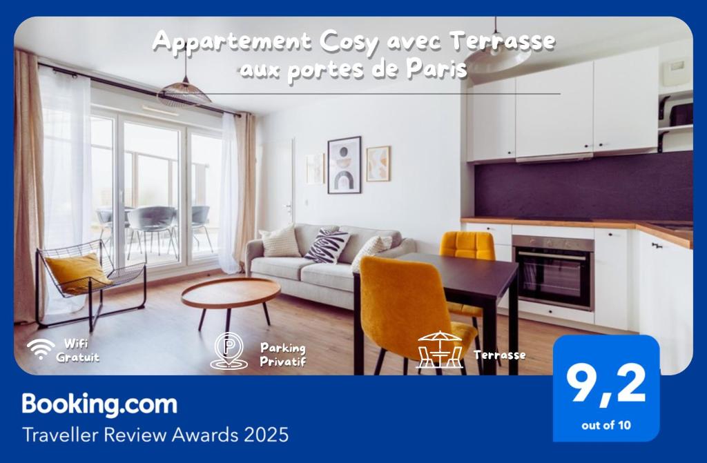une publicité pour une apartheid dans l'établissement Appartement Cosy avec terrasse aux portes de Paris, à Villejuif