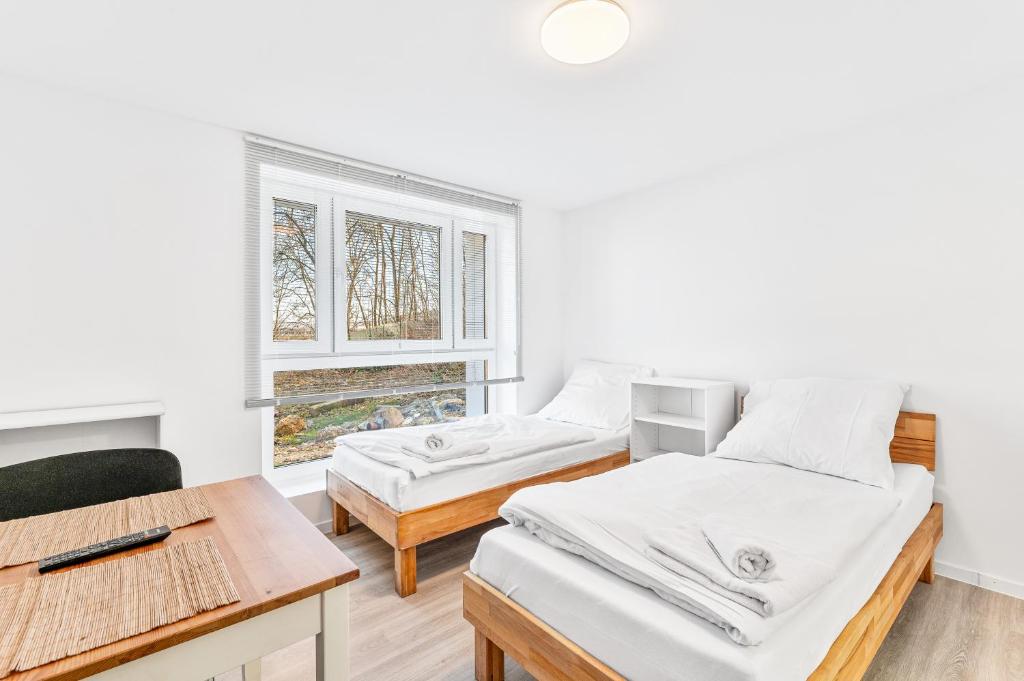 a room with two beds and a desk and a window at Perfekt für Firmen und Gruppen - 1 Haus - 12 Wohnungen in Heidenheim an der Brenz