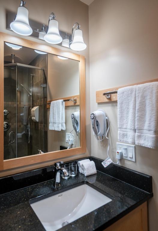 a bathroom with a sink and a large mirror at Swiss Chalet Motel in Revelstoke