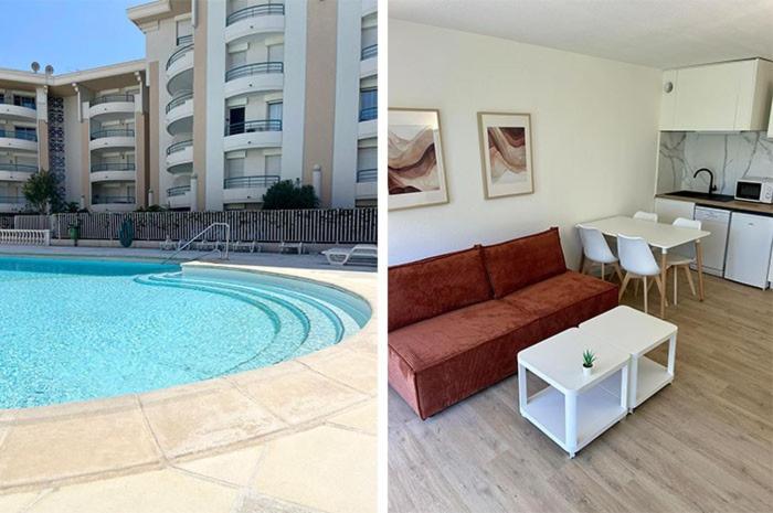 - deux photos d'un salon et d'une piscine dans l'établissement Super Comfy Port Fréjus Piscine 2 chambres 6 personnes, à Fréjus