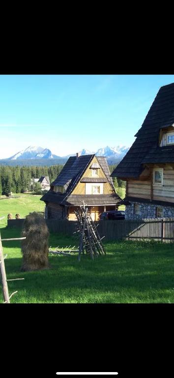 a large wooden house in the middle of a field at Domek pod Tatrami in Murzasichle