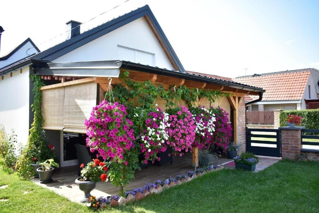 un jardin avec des fleurs suspendues à une maison dans l'établissement Apartments with parking space Valpovo, Slavonija - 24020, à Valpovo