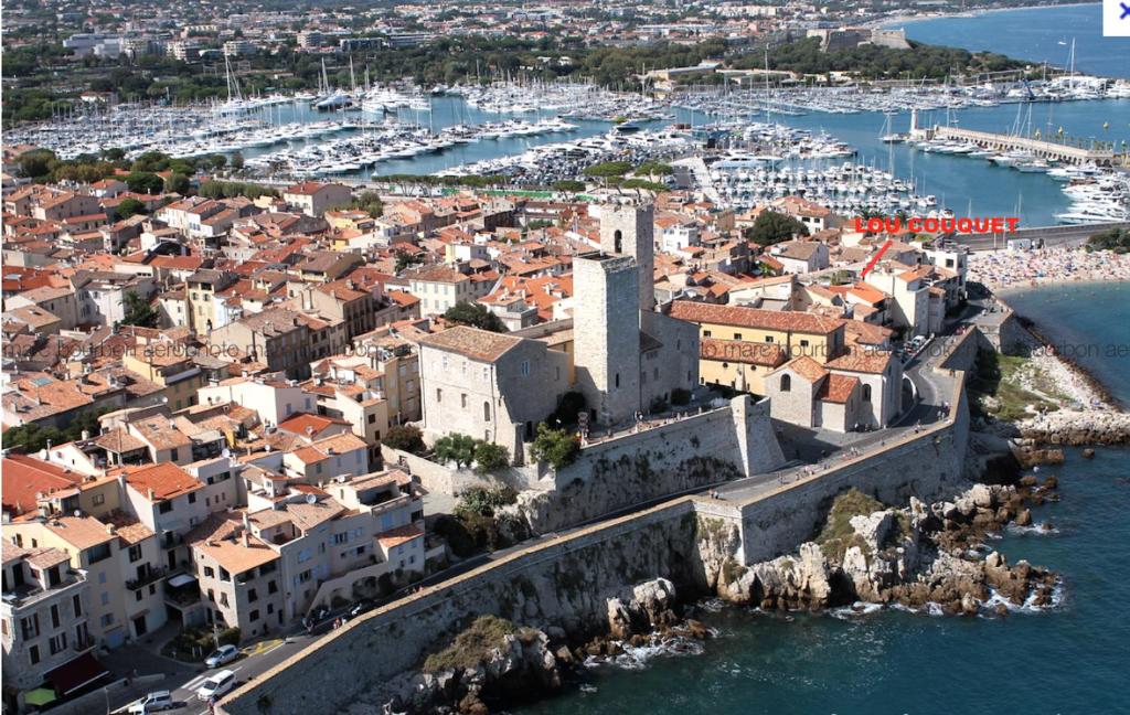 an aerial view of a city with a harbor at Lou Couquet in Antibes