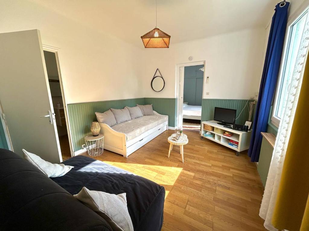 un salon avec un canapé et une télévision dans l'établissement Grand T2 lumineux à Argelès-sur-Mer, proche plage - FR-1-388-230, à Argelès-sur-Mer