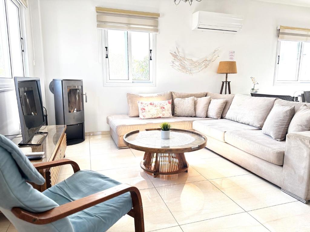 TV a/nebo společenská místnost v ubytování Wealthystays Hephaestus Villa, Ayia Triada Beach