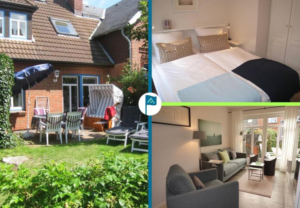 two pictures of a house with a bedroom and a backyard at Sommergarten in Wyk auf Föhr