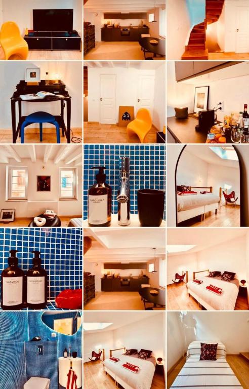 un collage de photos d'une chambre avec un lit et une table dans l'établissement Centre Historique Coup de Coeur - 5 mins Aéroport, à Blagnac