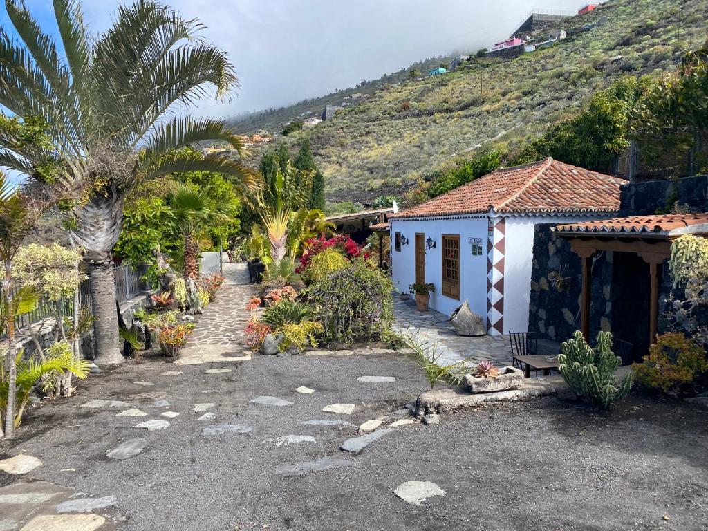 a small house with palm trees and a mountain at Casa Rural Los Mangos in Fuencaliente de la Palma