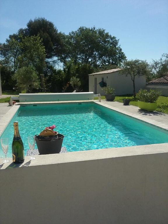 - une piscine avec une bouteille de vin et un verre dans l'établissement La Sarriette Provençale, à Caumont-sur-Durance