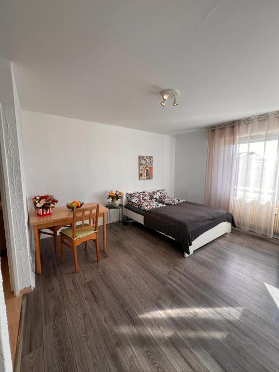 une chambre avec un lit, un bureau et une table dans l'établissement Modern flat DE -CH- Airport -Parking, à Huningue