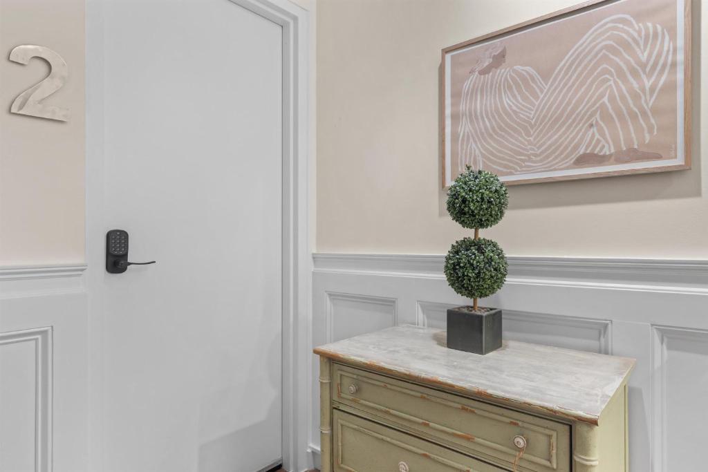 a hallway with a table with a potted plant on it at 1-BR Getaway in the Heart of Adams Morgan in Washington, D.C.