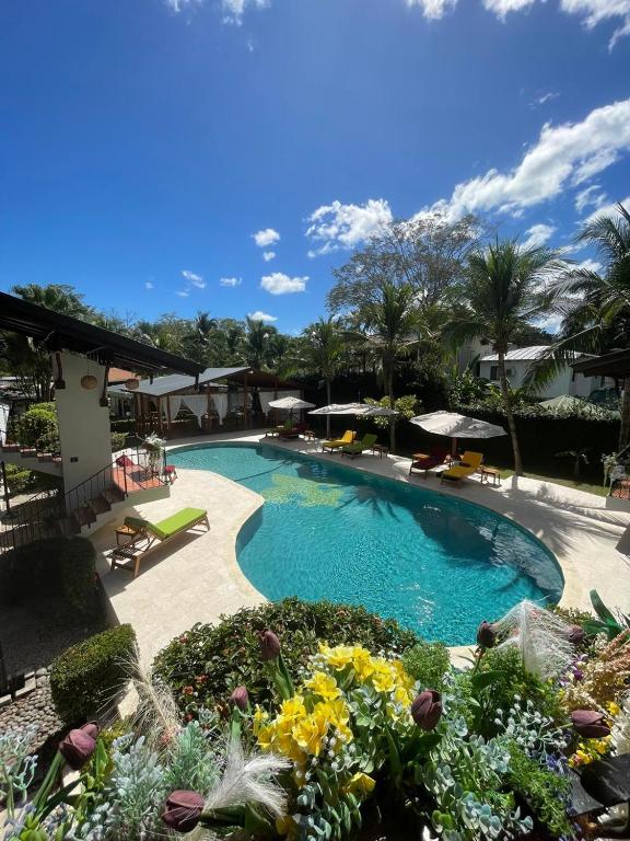 a large swimming pool in a resort with flowers at Parti Gras Hotel & Villas en Playa Potrero in Potrero