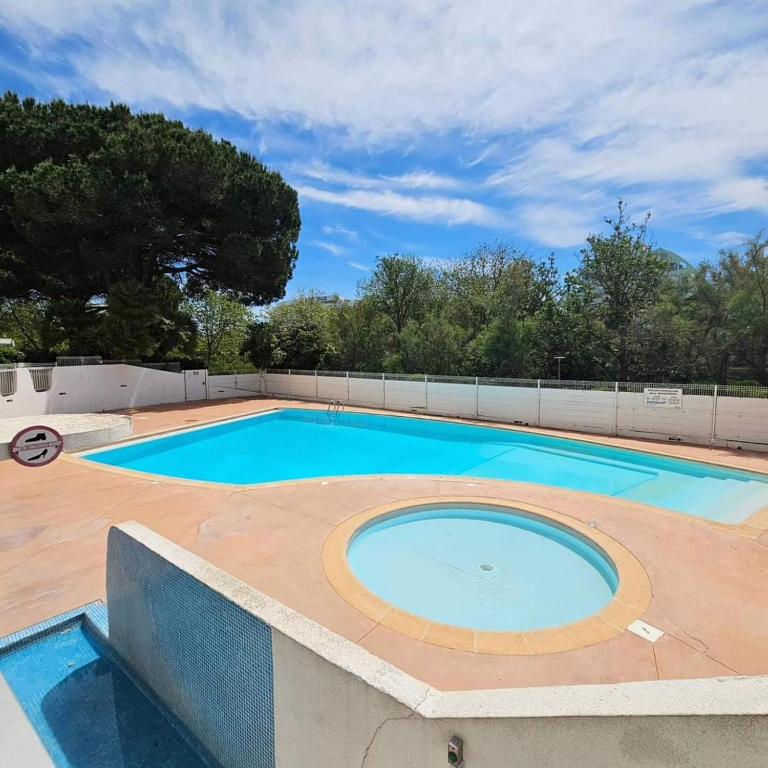 une grande piscine au milieu d'une cour dans l'établissement Studio cabine au couchant, à La Grande Motte