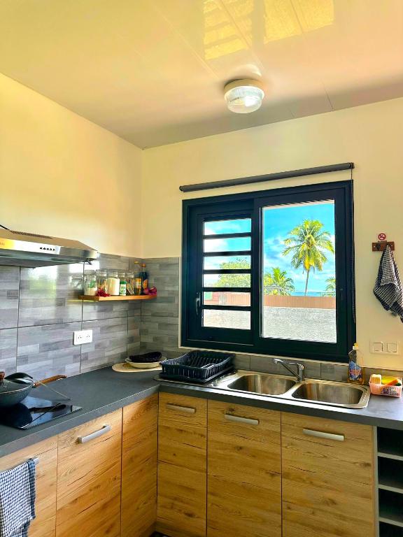 una cucina con un lavandino e una finestra di Teahupo'o Lodge Tahiti - Studio Tropical - climatisé - entre randonnées et activités nautiques a Teahupoo