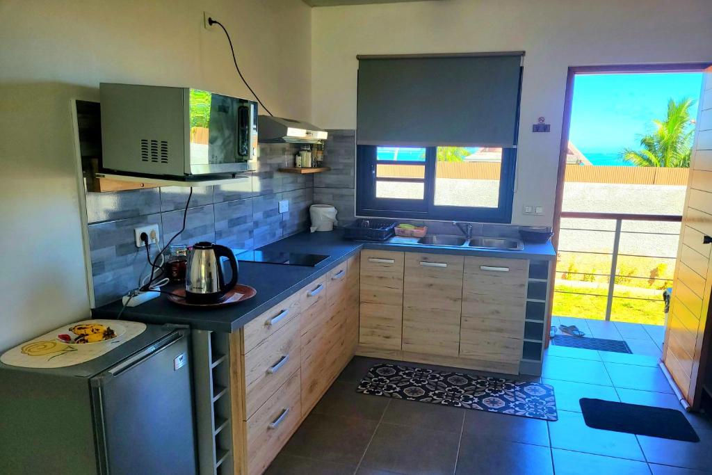 una piccola cucina con lavandino e finestra di Teahupo'o Lodge Tahiti - Studio Tropical - climatisé - entre randonnées et activités nautiques a Teahupoo