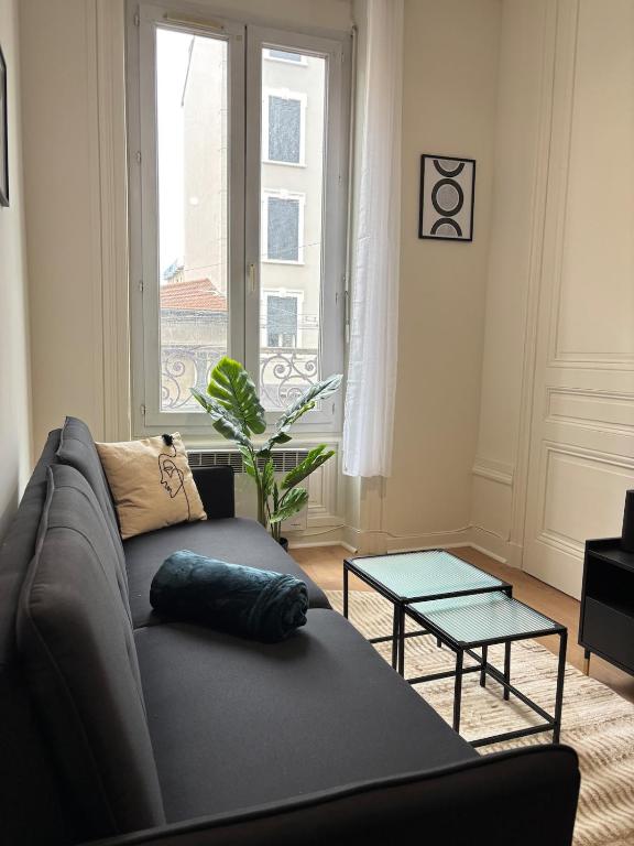 un salon avec un canapé et une fenêtre dans l'établissement Le Charmant - Proche Gare, à Villeurbanne