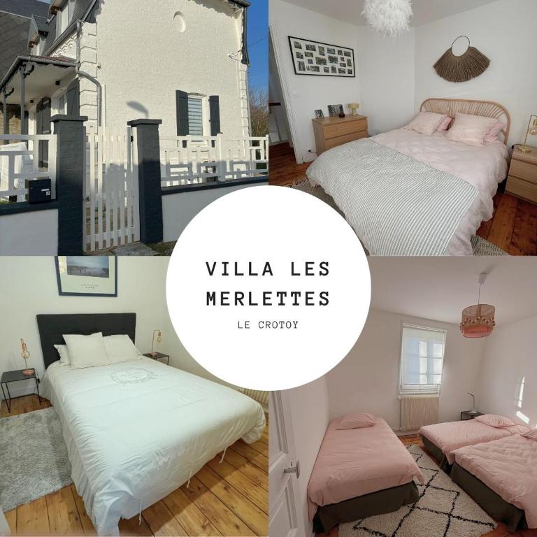 un collage de photos d'une chambre avec deux lits dans l'établissement La Villa les merlettes, au Crotoy