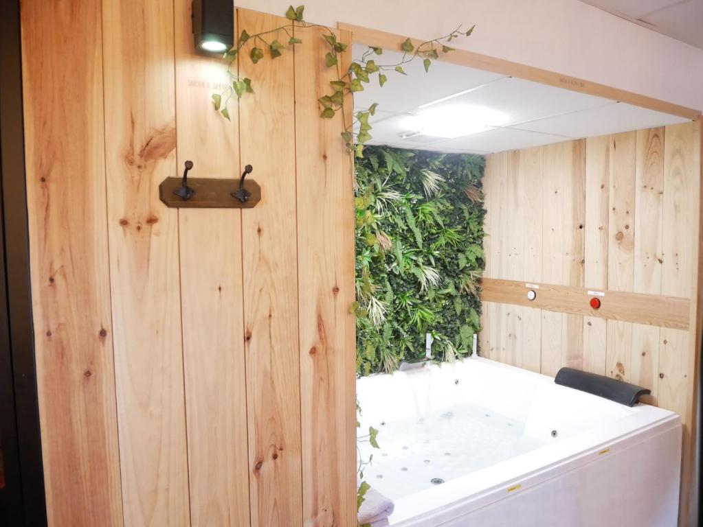 łazienka z wanną i zieloną ścianą w obiekcie HOTEL DU BERRY - Loveroom avec Sauna, Hammam, Jacuzzi privatifs w mieście Reuilly