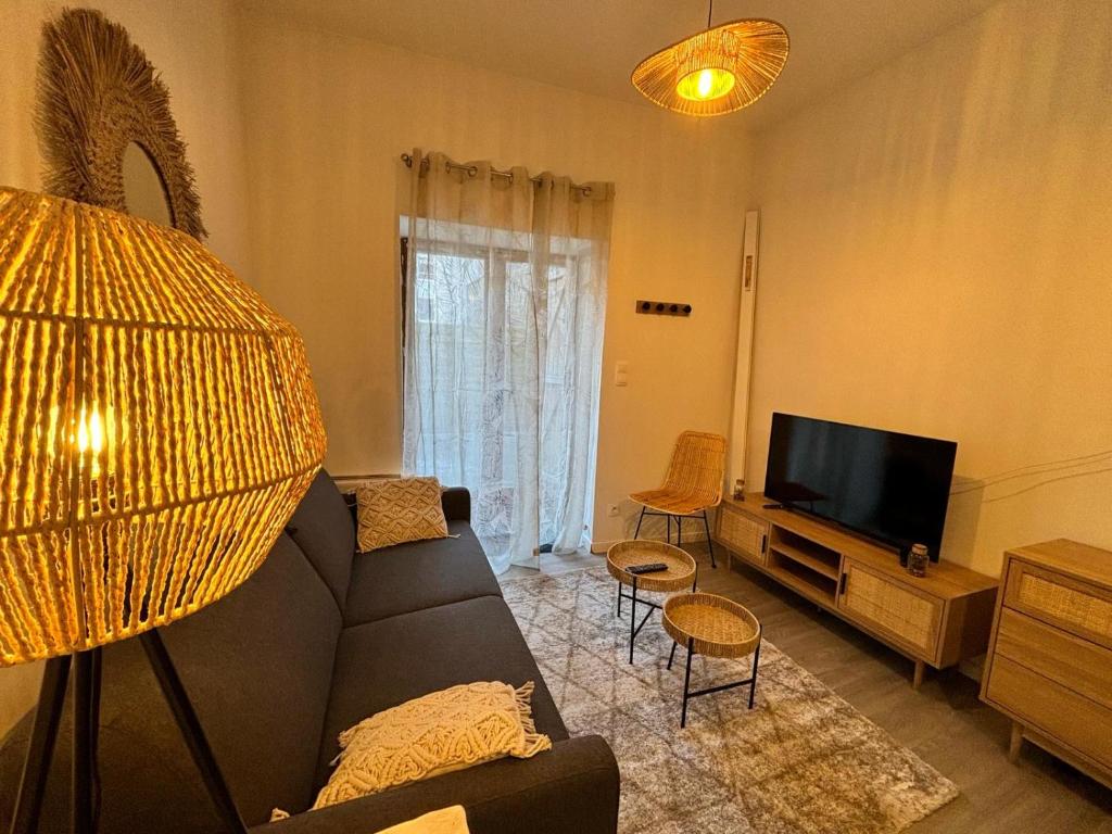 ein Wohnzimmer mit Sofa und Flachbildfernseher in der Unterkunft Le Nid en Rotin Apartment in Montbéliard