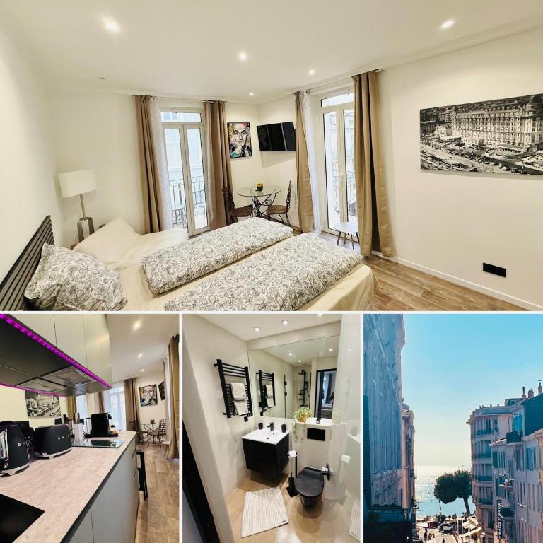 un collage de deux photos d'une chambre d'hôtel dans l'établissement Ref PINSON, à Cannes