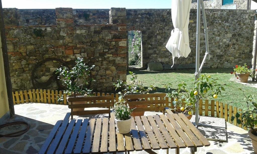 a patio with two wooden benches and an umbrella at La Casetta di Barbara in Impruneta