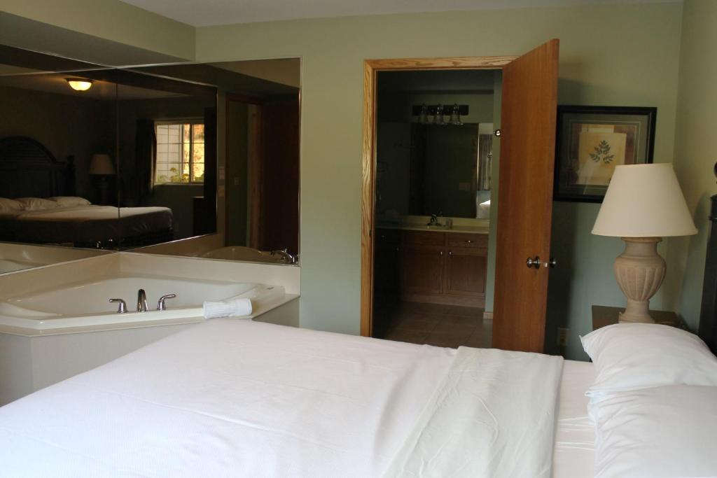 - une chambre avec un lit, une baignoire et un miroir dans l'établissement Wild Eagle Lodge, 1 Bedroom Condo - 103, à Eagle River