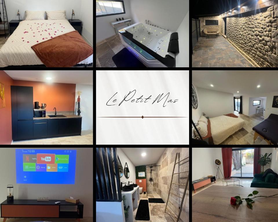 a collage of pictures of a bedroom and a bathroom at Le petit Mas in Nîmes