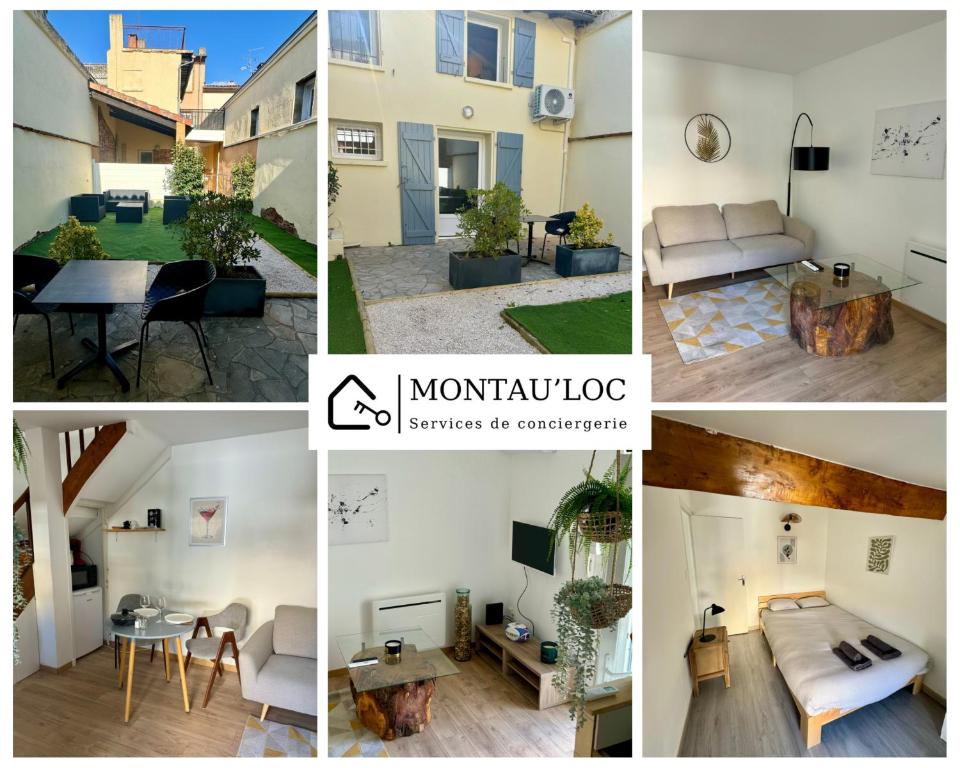 a collage of photos of a living room and a house at Le patio, T2 en centre ville in Montauban