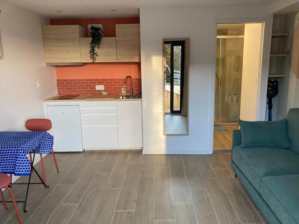 Il dispose d'une cuisine et d'un salon avec un canapé et une table. dans l'établissement Studio st Martin dUriage, à Saint-Martin-d'Uriage