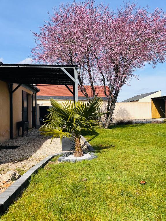 un arbre avec des fleurs roses dans une cour dans l'établissement La baudinière, à Artannes-sur-Indre