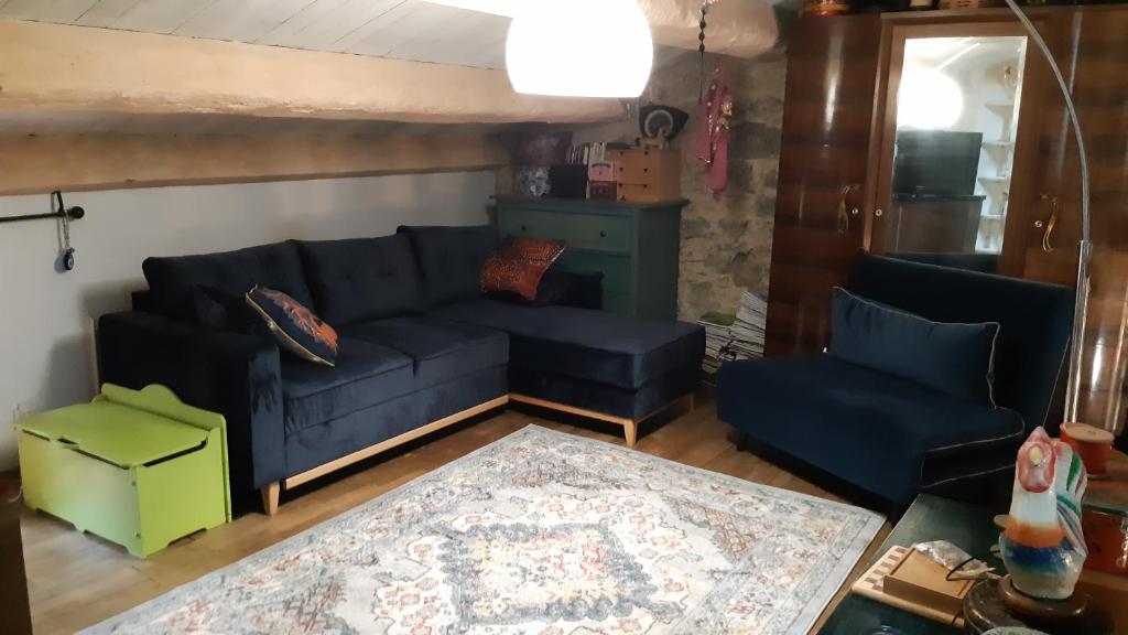 a living room with a black couch and a green chair at Le Mas Nomade in Callian