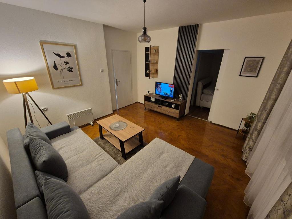 a living room with a couch and a tv at Apartman Stojanovic in Vranje