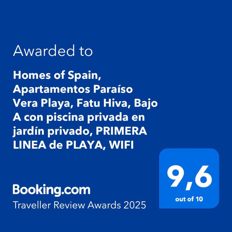Certifikát, hodnocení, plakát nebo jiný dokument vystavený v ubytování Homes of Spain, Apartamentos Paraíso Vera Playa, Fatu Hiva, Bajo A con piscina privada en jardín privado, PRIMERA LINEA de PLAYA, WIFI