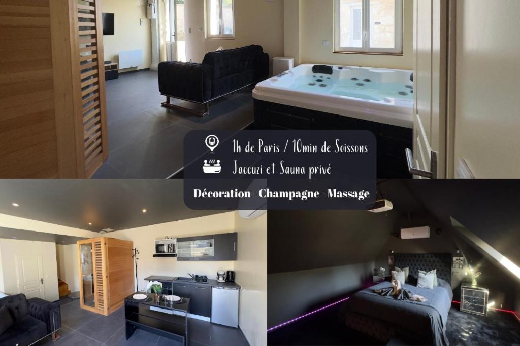 - un coin salon et une chambre avec un bain à remous dans l'établissement Magnifique loveroom avec sauna, spa et cinémaroom, à Fontenoy